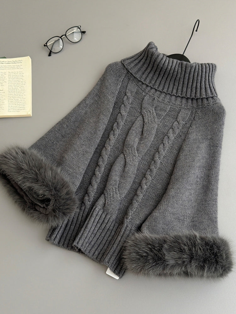 Faux Fox Fur Cuff Turtleneck Wool-Blend Cable Knit Sweater