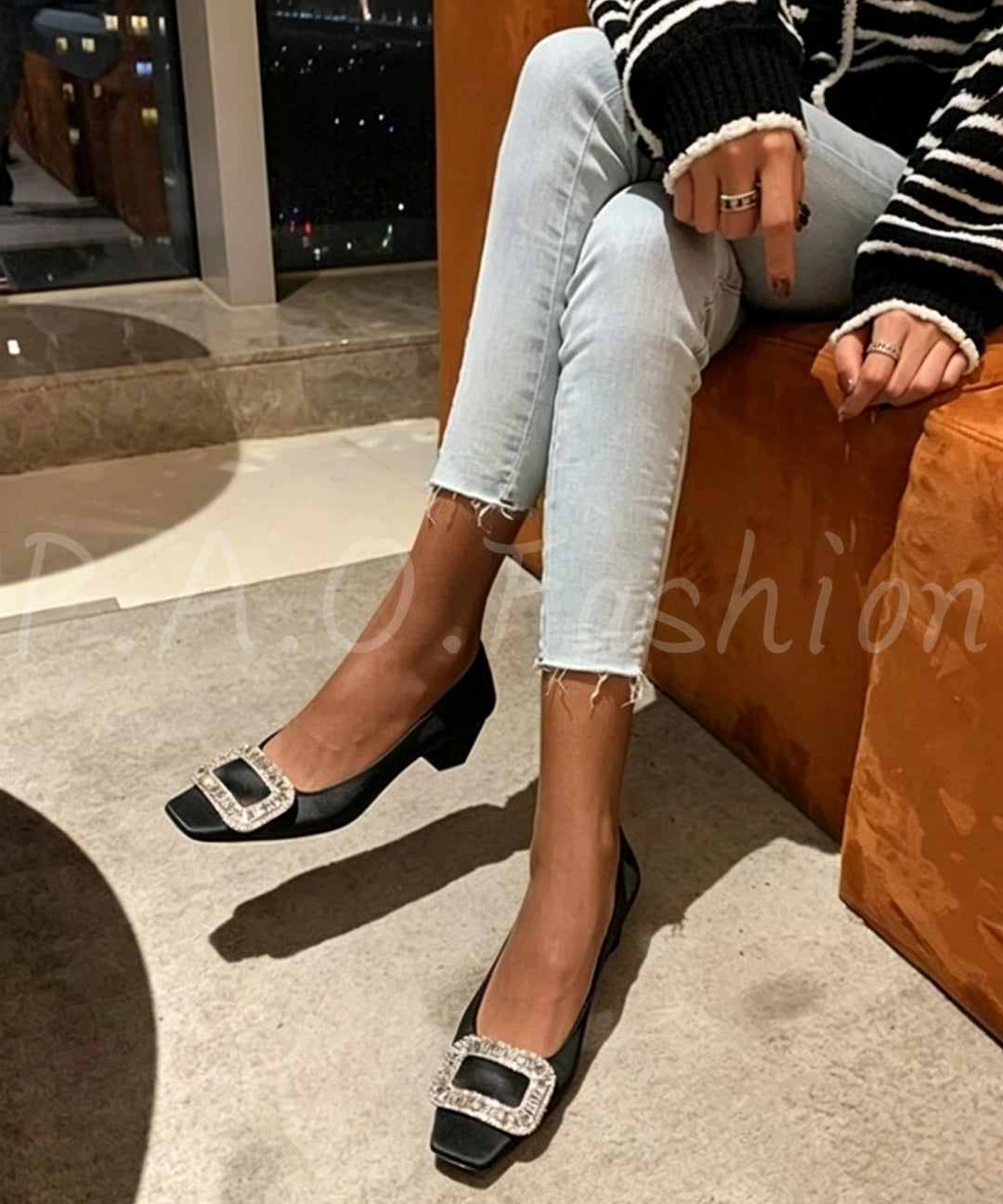 Square-Toe Satin Heels with Rhinestone Buckle