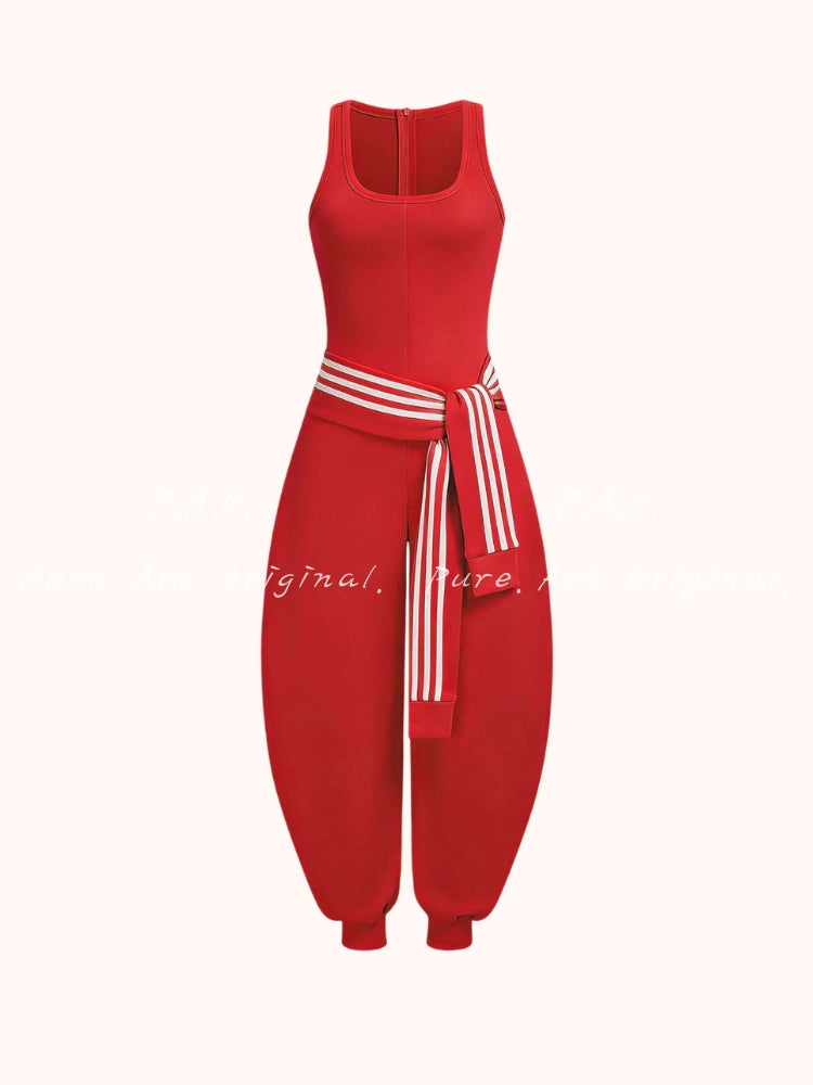 U‑Neck Contrast Striped Tie‑Up Zipper Barrel Jumpsuit