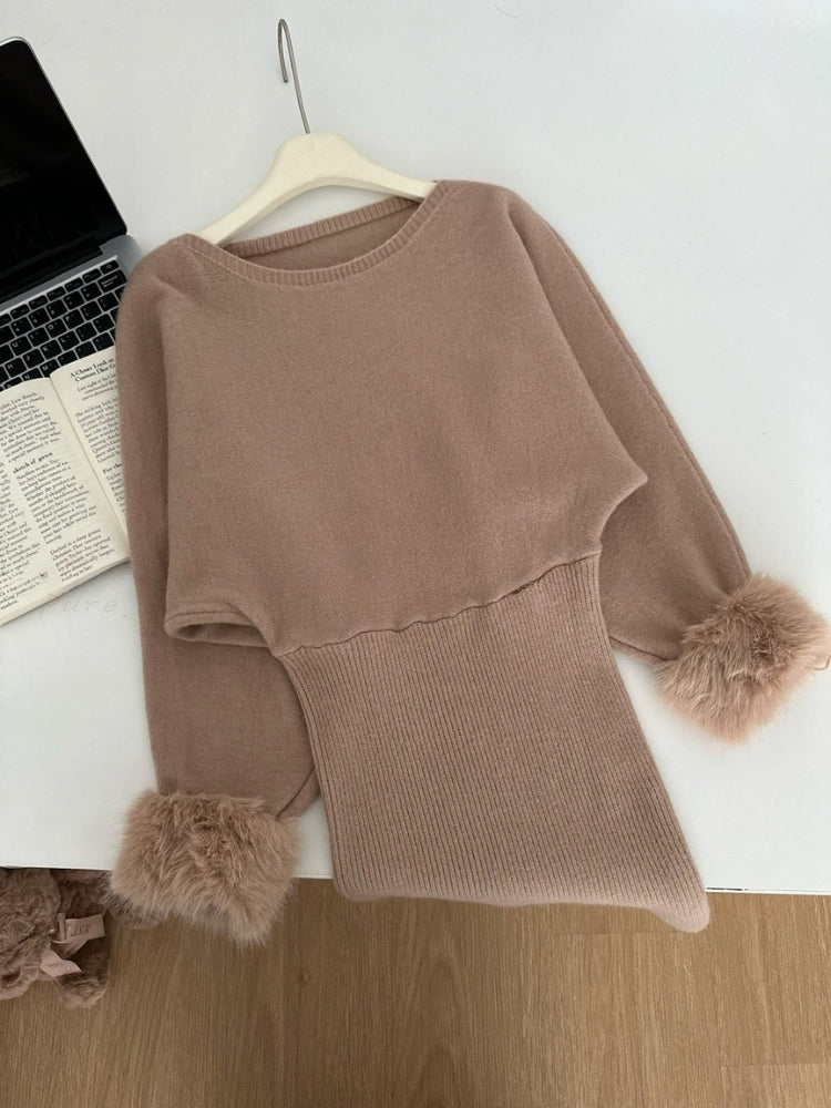 Eco Faux Fox Fur Off-Shoulder Knit Mini Dress