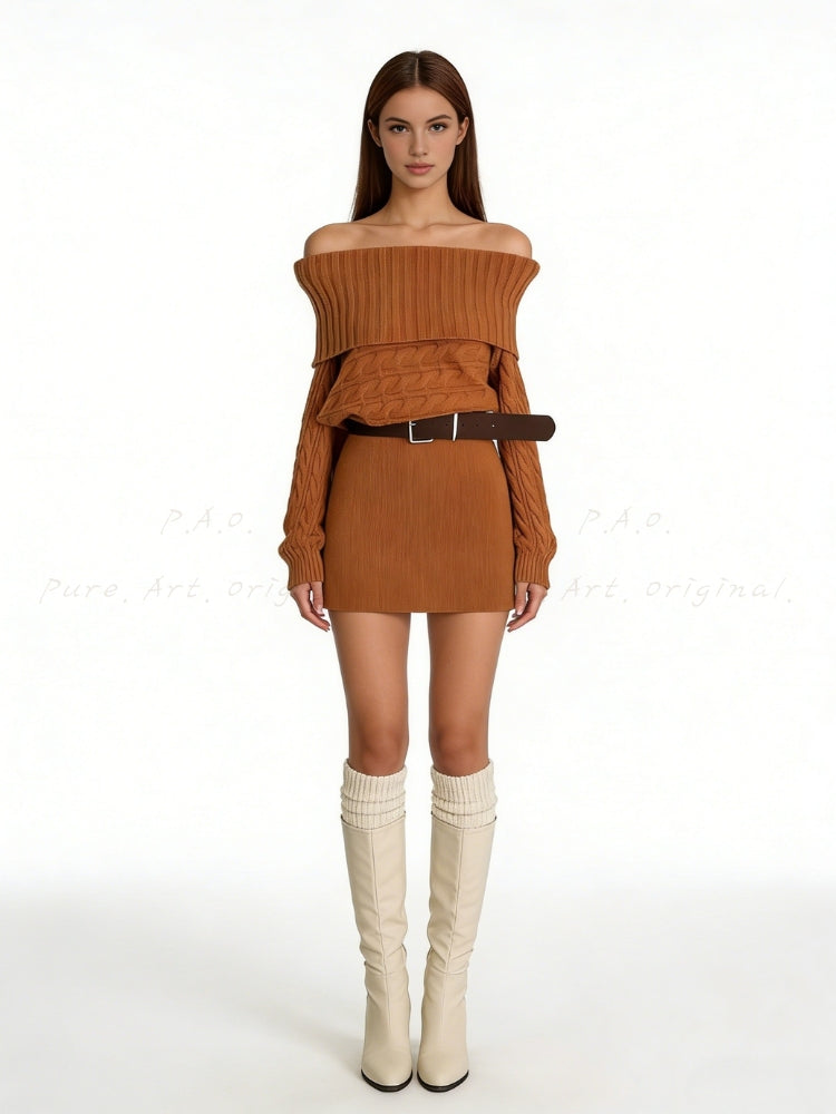High-Neck Knit Mini Dress with Belt