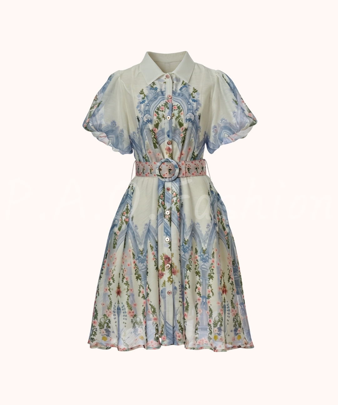 Garden Print Puff Sleeve Waist Dress[Available Now]