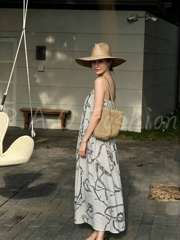Bohemian Printed Ramie-Tencel Slip Maxi Dress