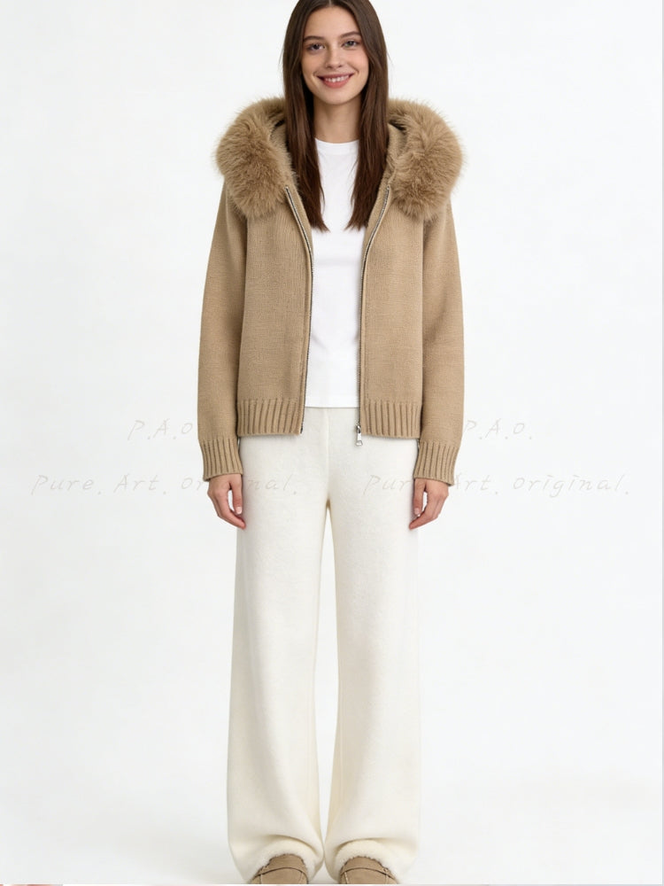 Large Faux Fox Fur Hooded Zip-Up Cardigan