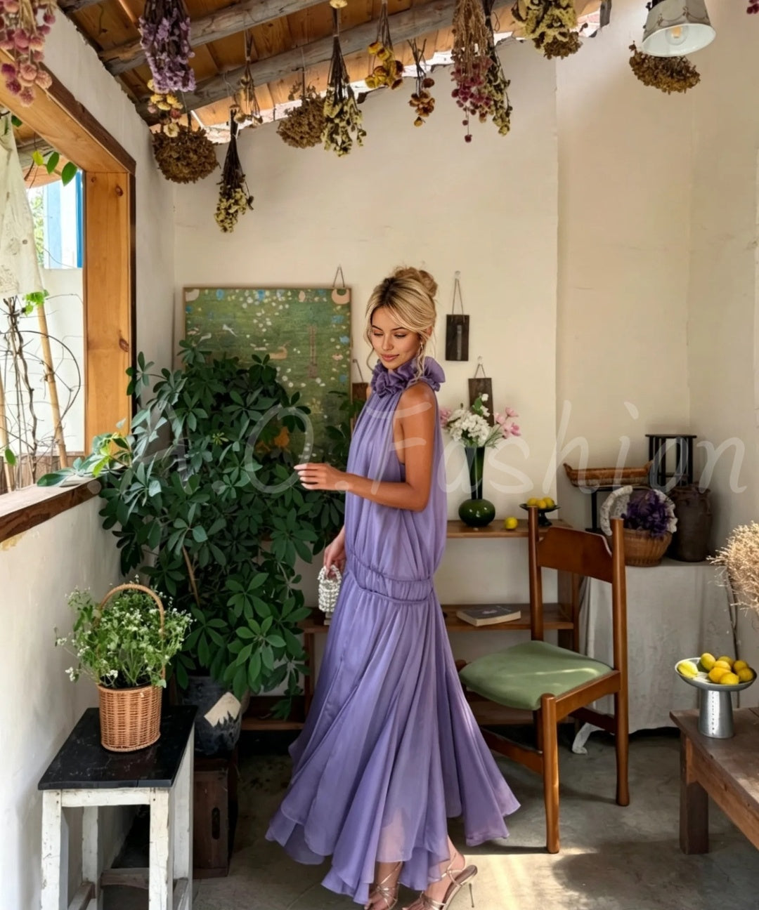 Ruffle Halter Chiffon Maxi Dress
