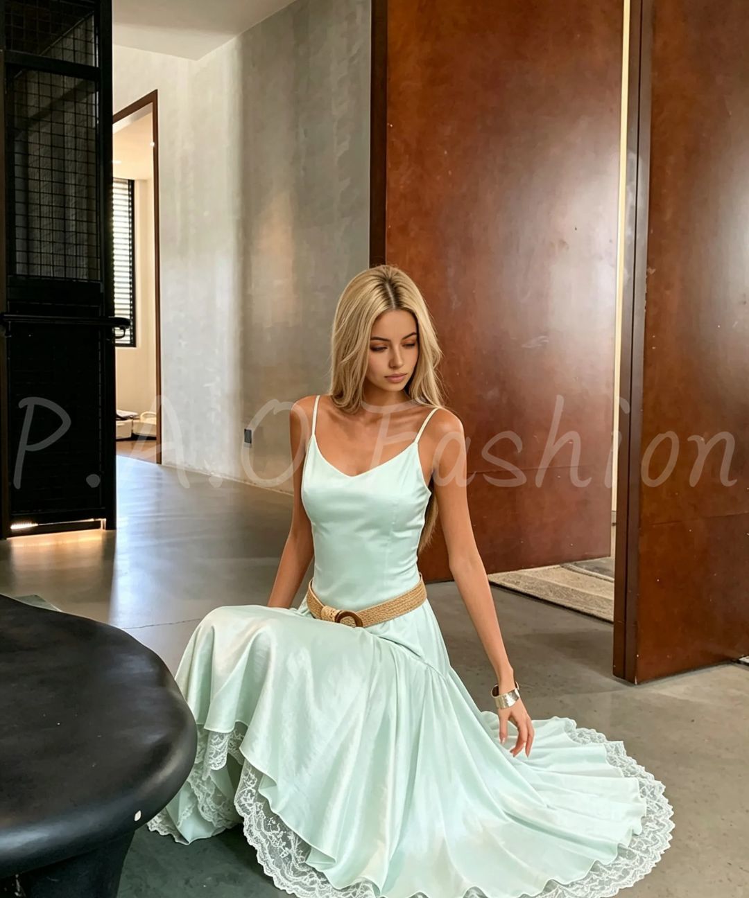 Satin Lace Trim Tie-Back Midi Dress