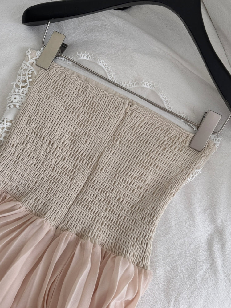 Lace Trim Pleated Strapless Midi Dress