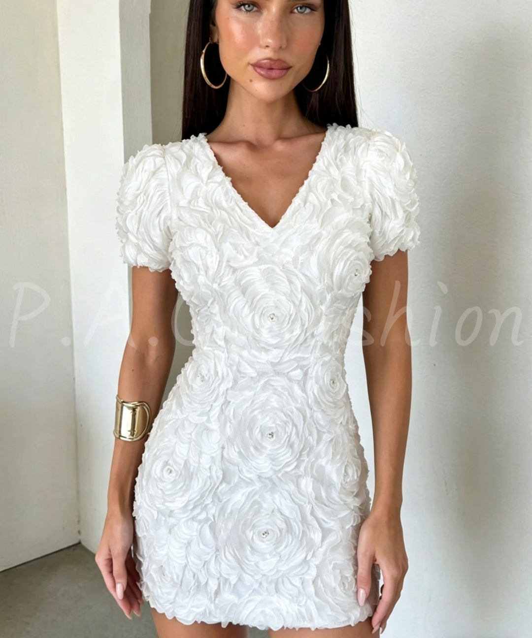 3D Rose Embellished Puff Sleeve Dress[Available Now]