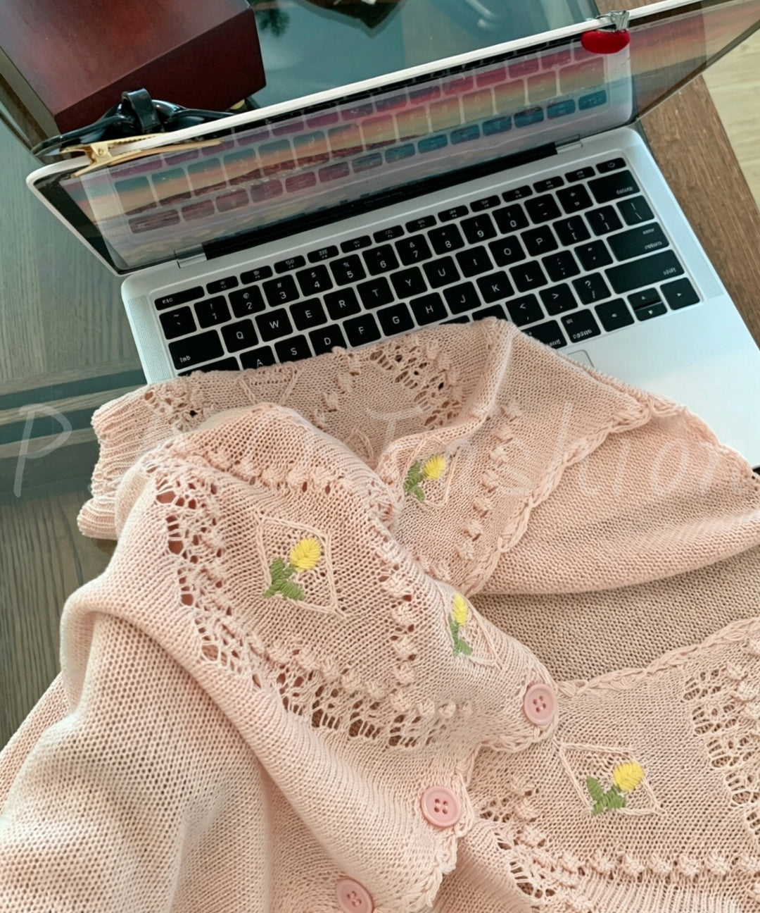 Embroidered Open-Knit V-Neck Short Sleeve Cardigan
