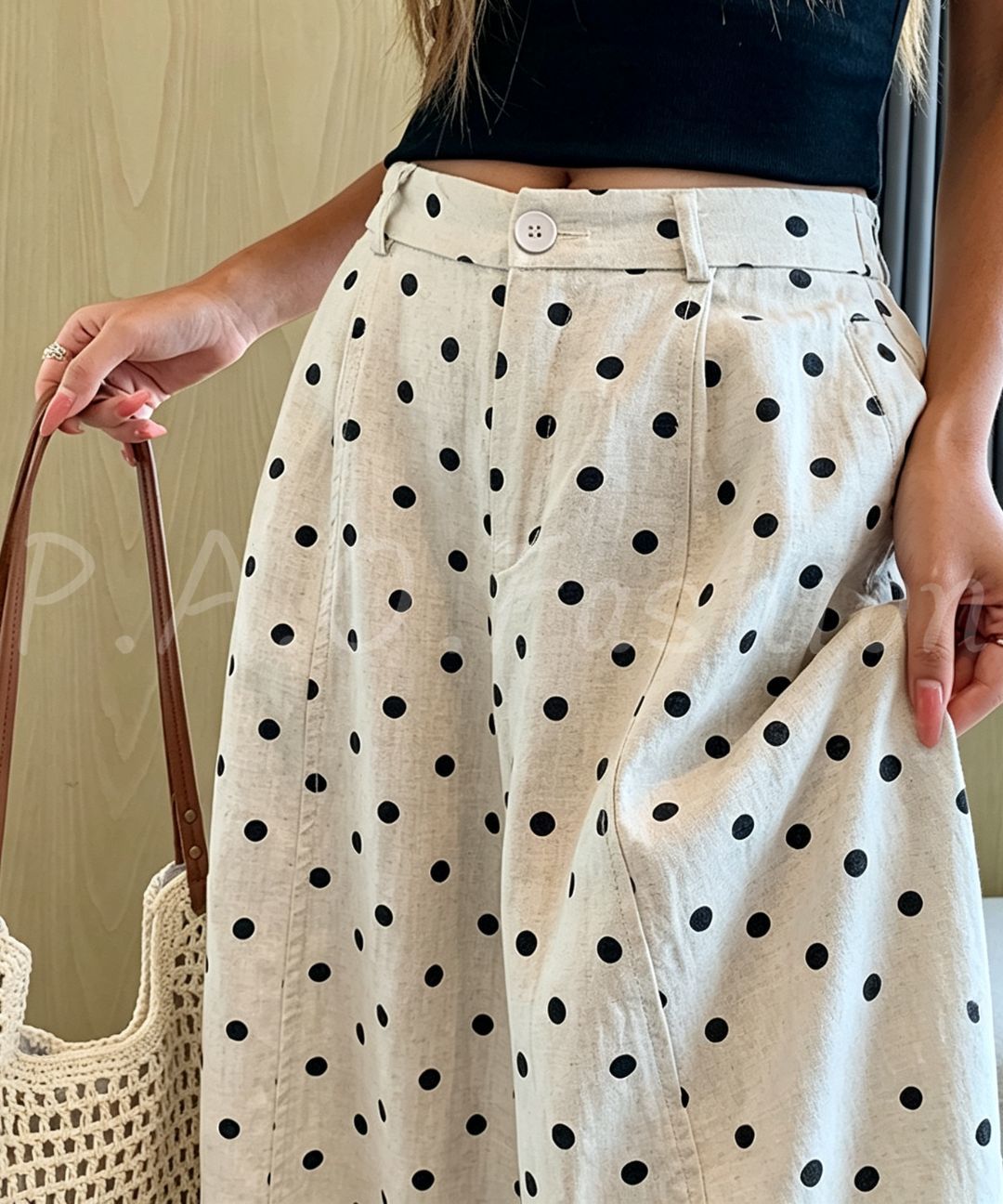 Vintage Polka Dot Linen Blend Cropped Wide-Leg Pants