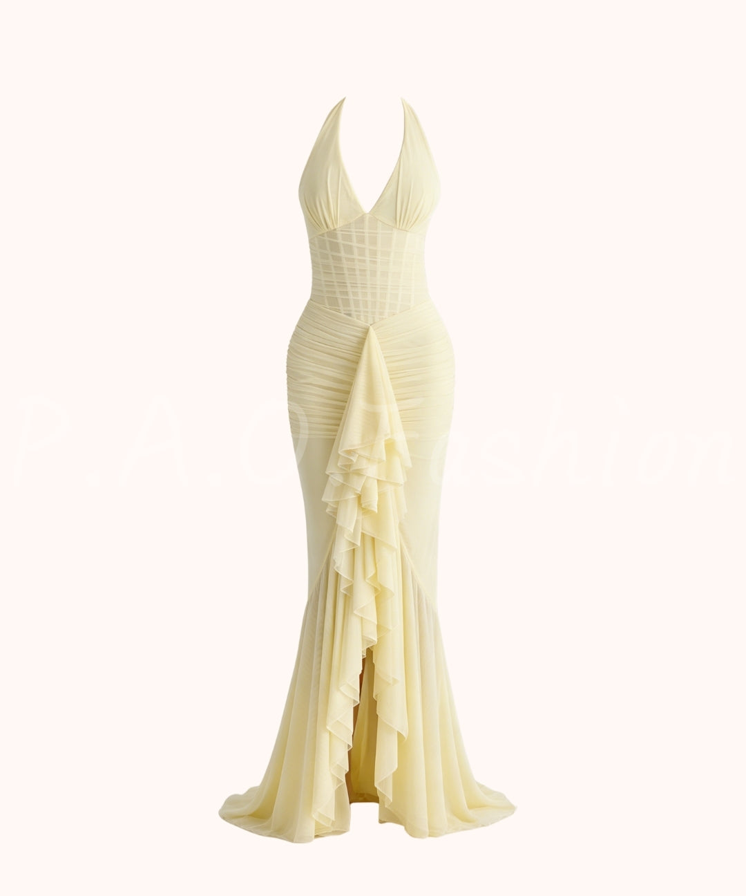 Halter Mesh Ruched Slit Maxi Dress[Available Now]