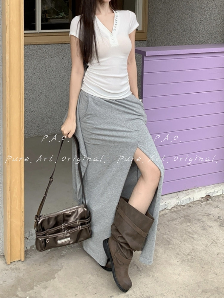 Ruched V-Neck Button Ribbed Crop Tee