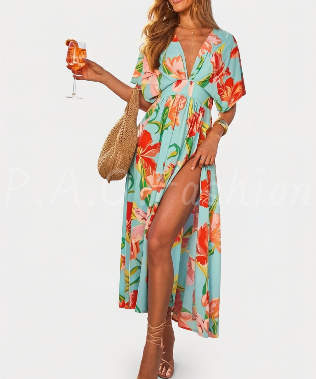 Tropical Print V-Neck Maxi Dress[Available Now]