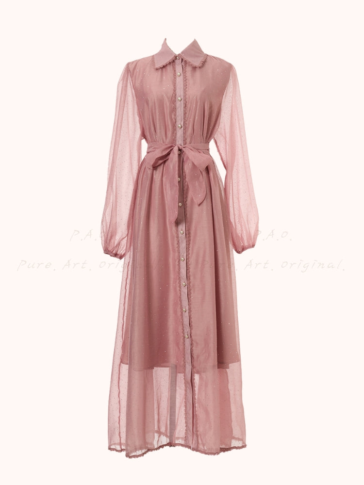 Rhinestone Organza Trim Tie-Waist Maxi Dress