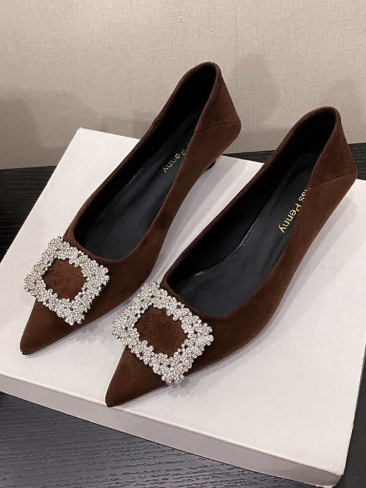 French-Style Pointed-Toe Suede Mid-Heel Shoes with Rhinestone Detail