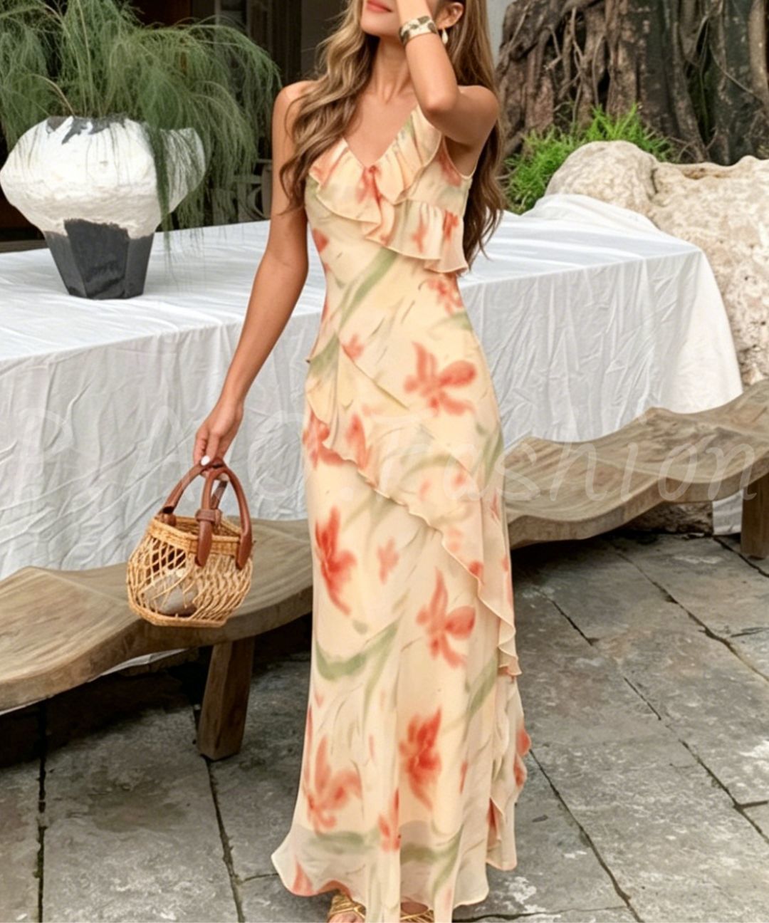 Floral Ruffle Mermaid Maxi Dress