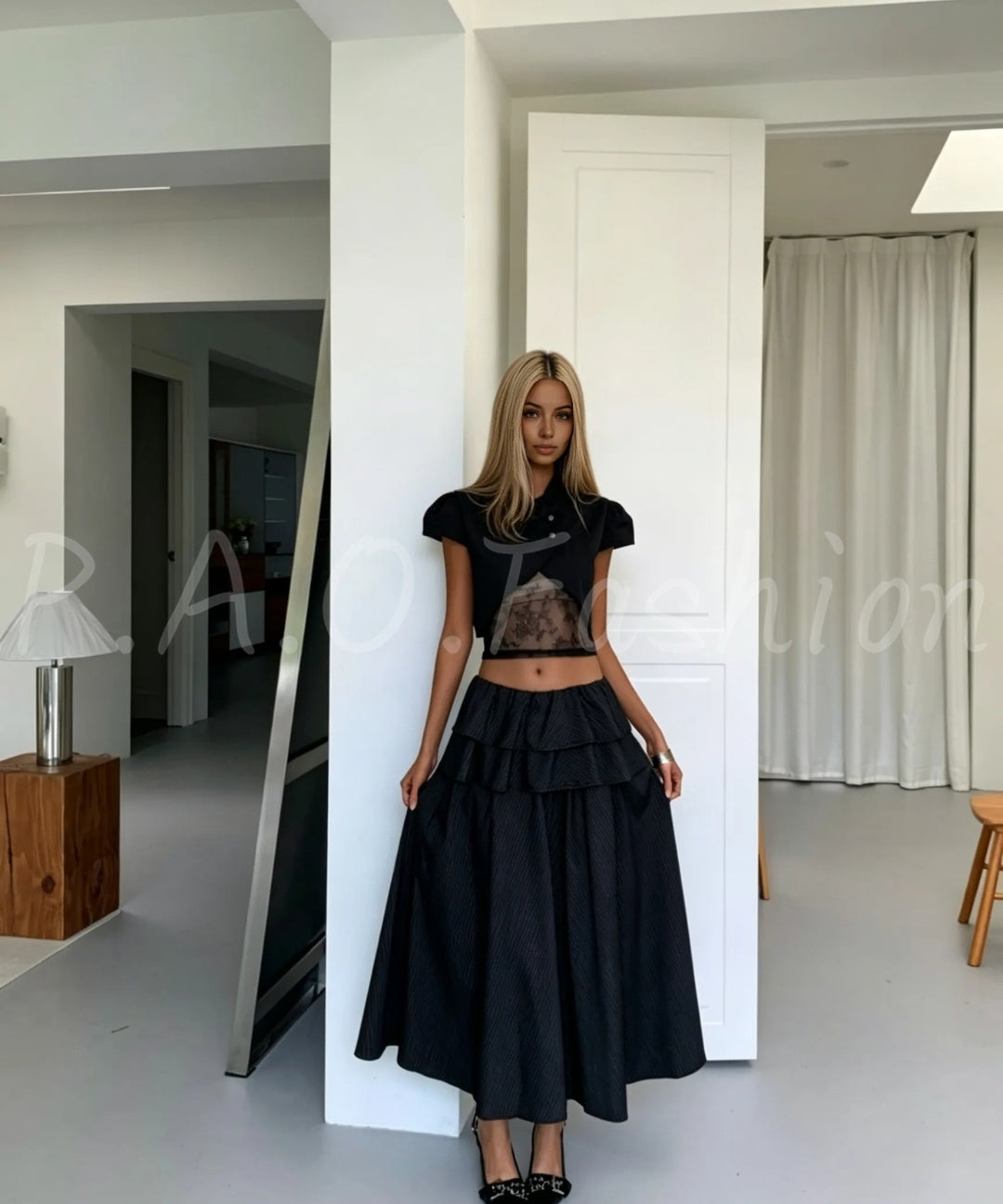 Cropped Puff Sleeve Jacket, Lace Bandeau & Tiered Maxi Skirt Three-Piece Set