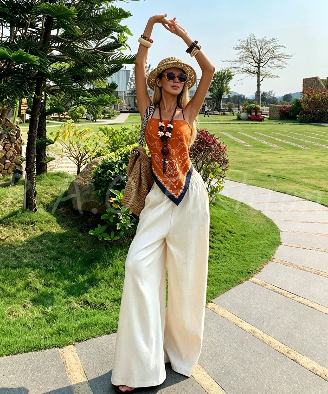 Caramel Paisley Halter Top & Ivory Wide-Leg Pants Set
