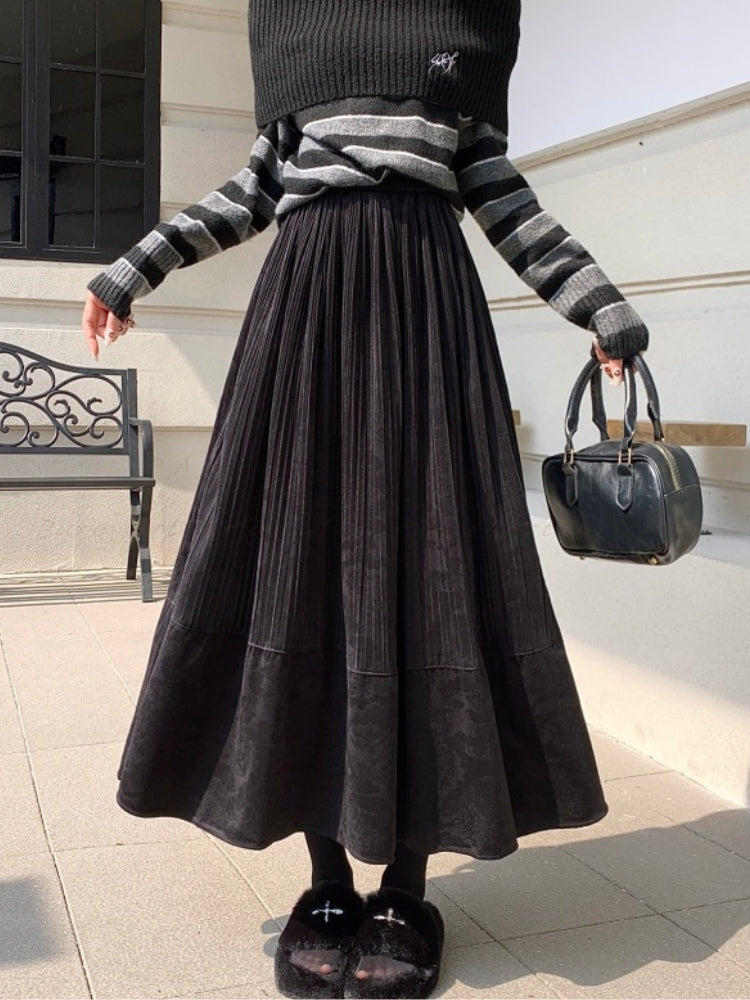 Vintage Suede-Like Pleated A-Line Skirt