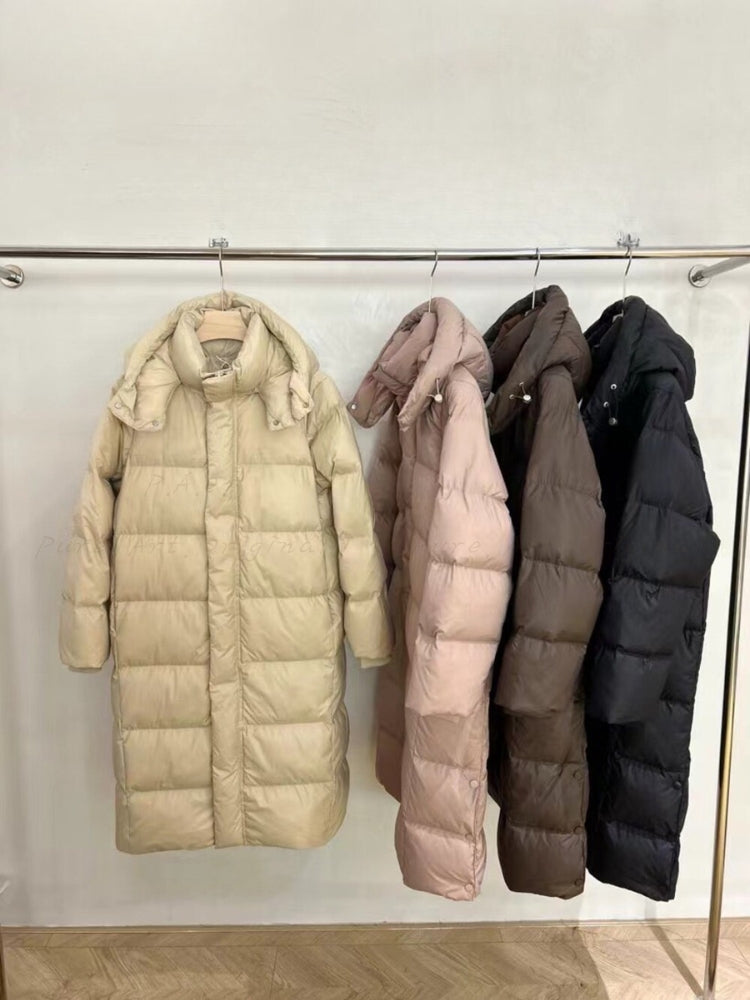 Minimalist Long Down Coat with Detachable Hood