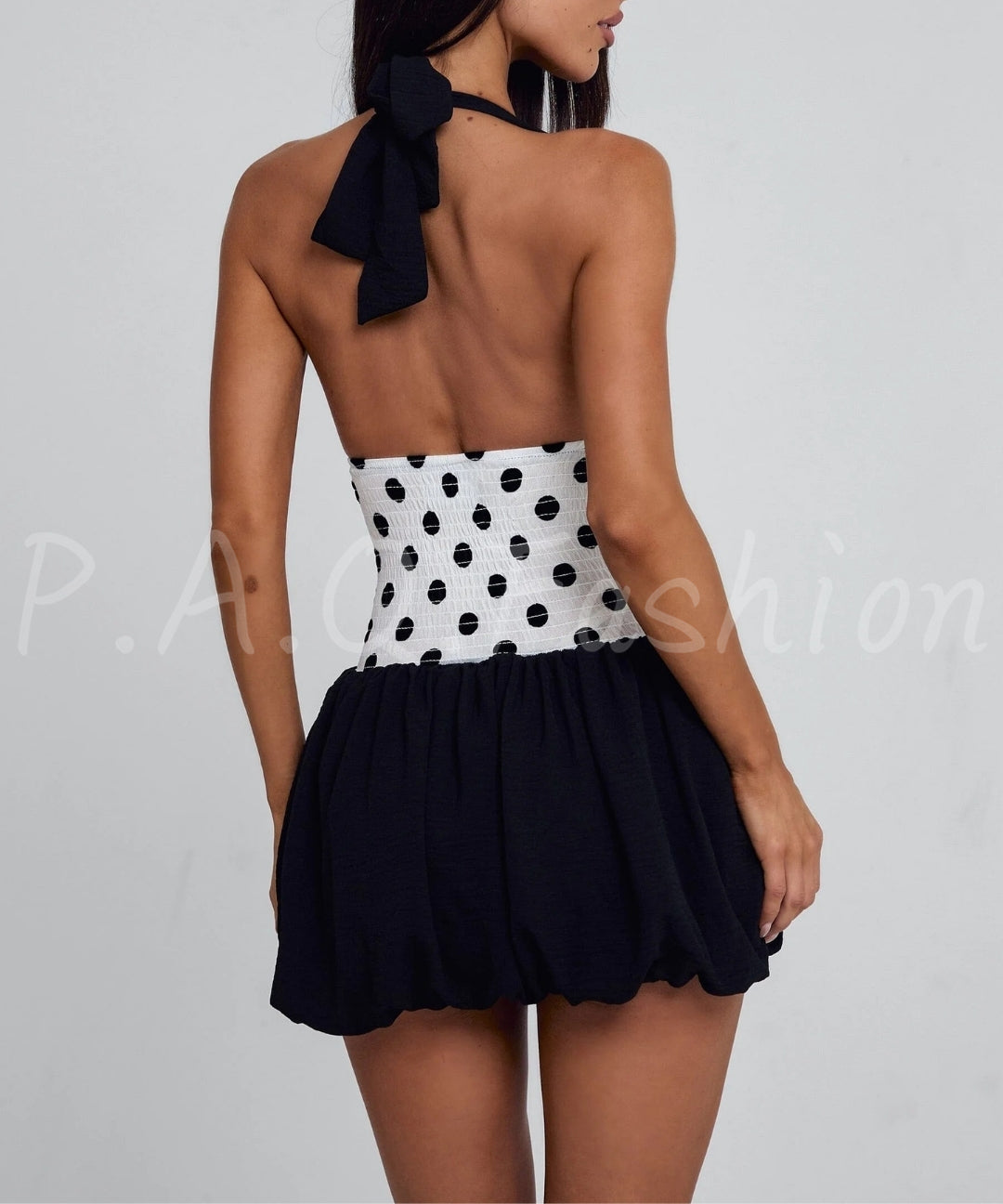 Polka Dot Halter Puff Mini Dress[Available Now]
