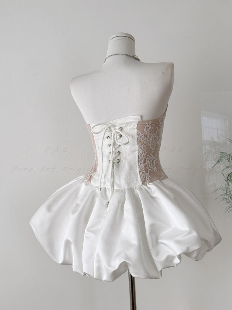 Lace Corset Strapless Satin Puff Gown