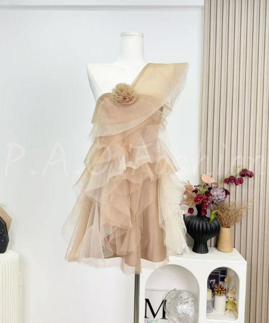 One-Shoulder Layered Tulle Mini Dress