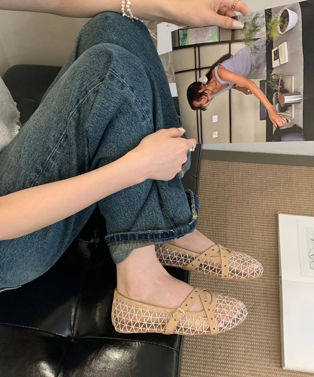 Fishnet Mesh Mary Jane Flats with Double Strap