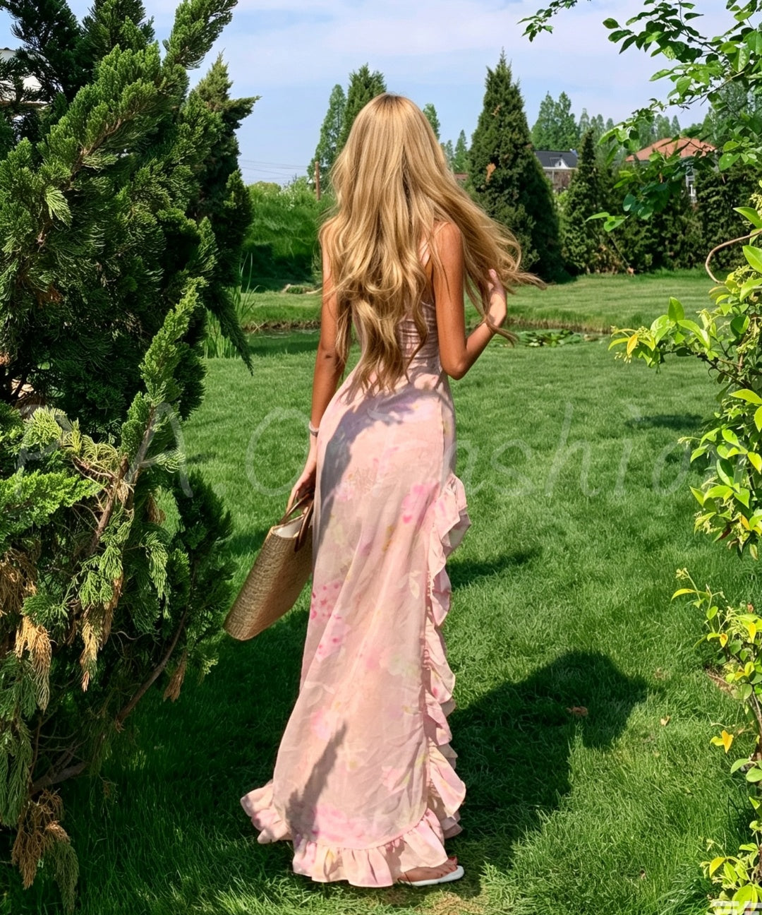 Floral Ruffle V-Neck High Slit Chiffon Maxi Dress
