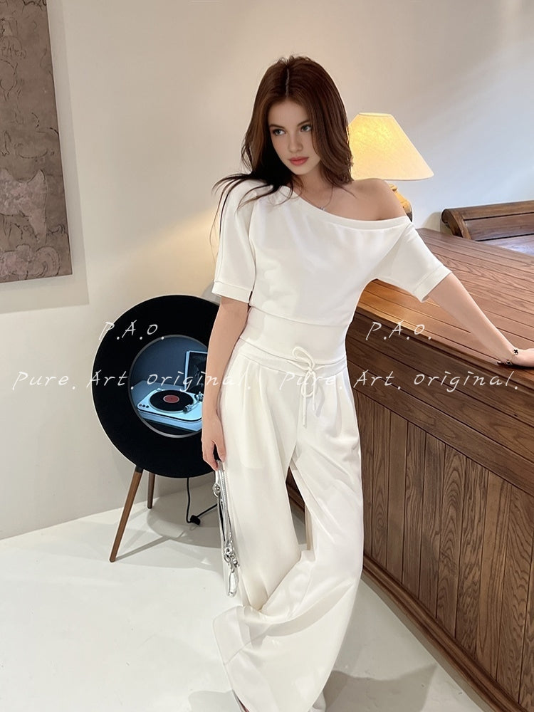 Asymmetric Waist-Snatched Wide-Leg Set