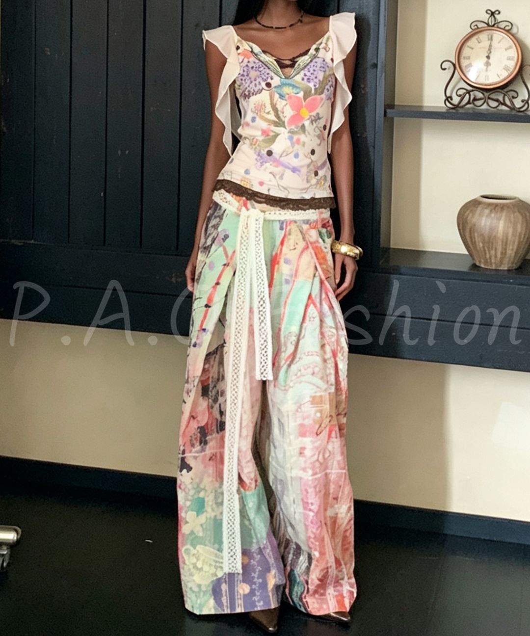 French Hand-Painted Floral Cami & Wide-Leg Pants Set