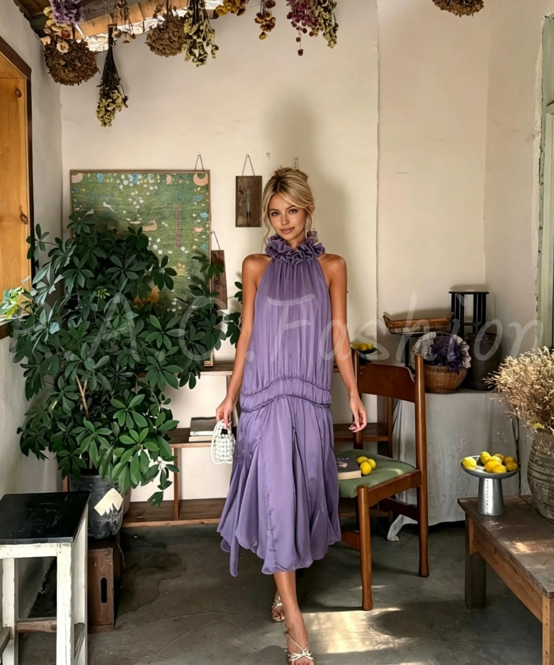 Ruffle Halter Chiffon Maxi Dress