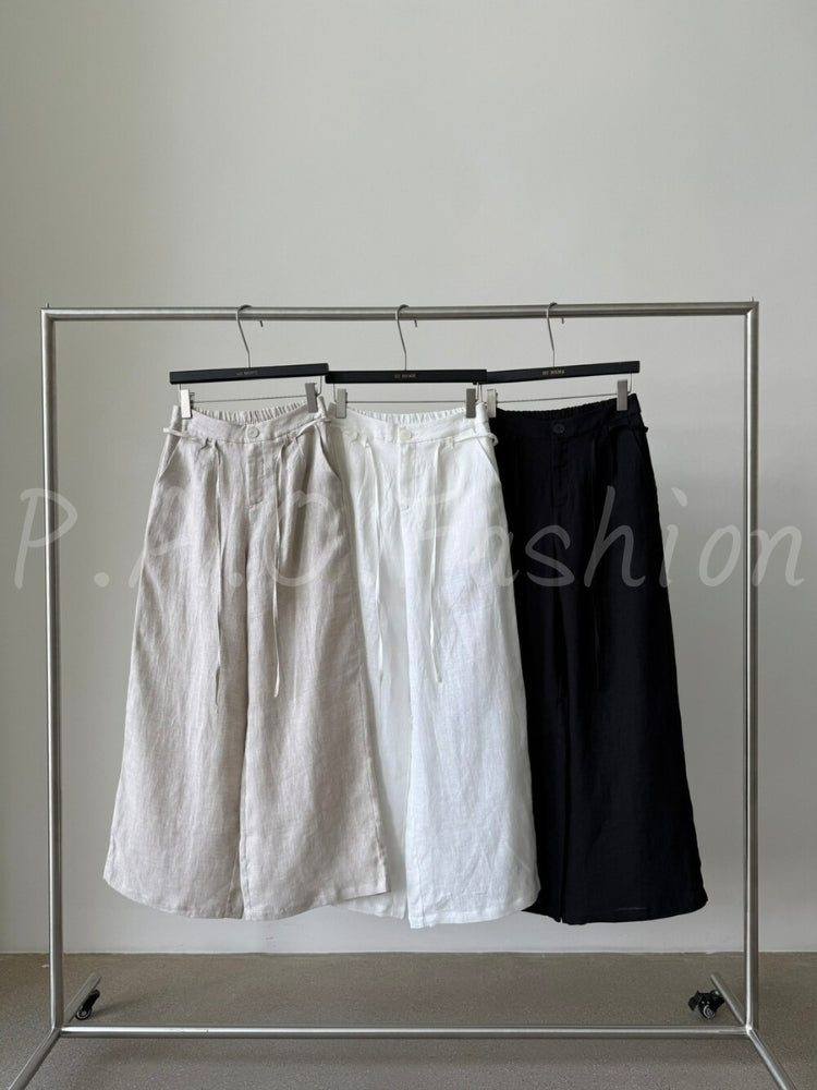 French Relaxed Linen Drawstring Wide-Leg Pants