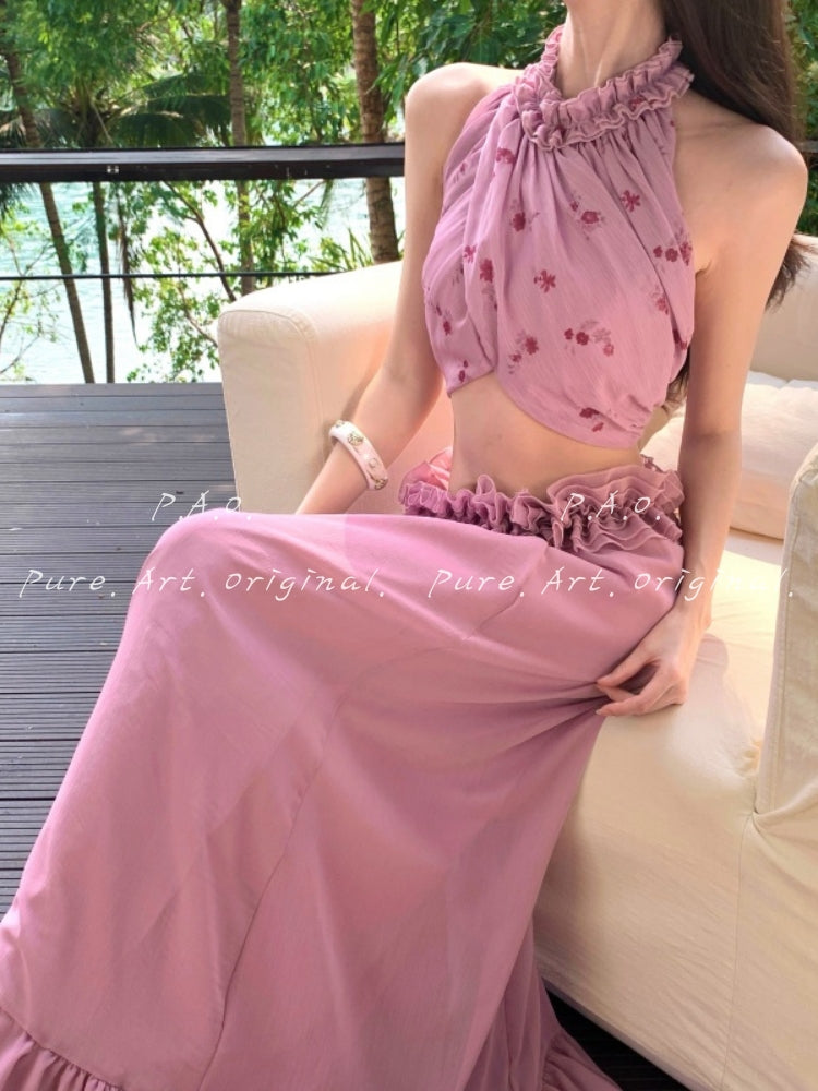SERENIA HALTER BACKLESS RUFFLE TWO-PIECE MAXI SET