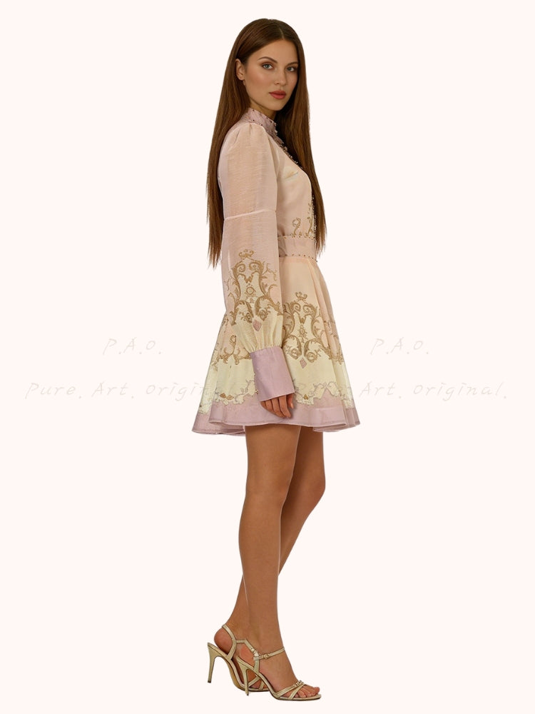 Vintage Print Collar Top & Flared Mini Skirt 3-Piece Set