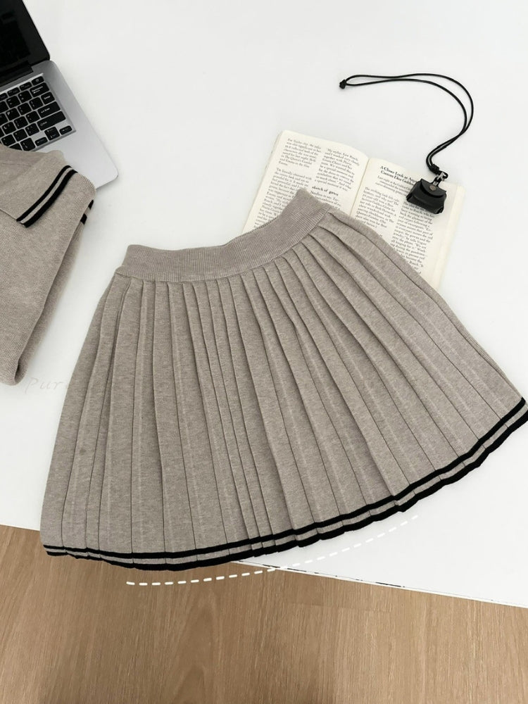 Relaxed Polo-Collar Sweatshirt & High-Waist Pleated Mini Skirt Set