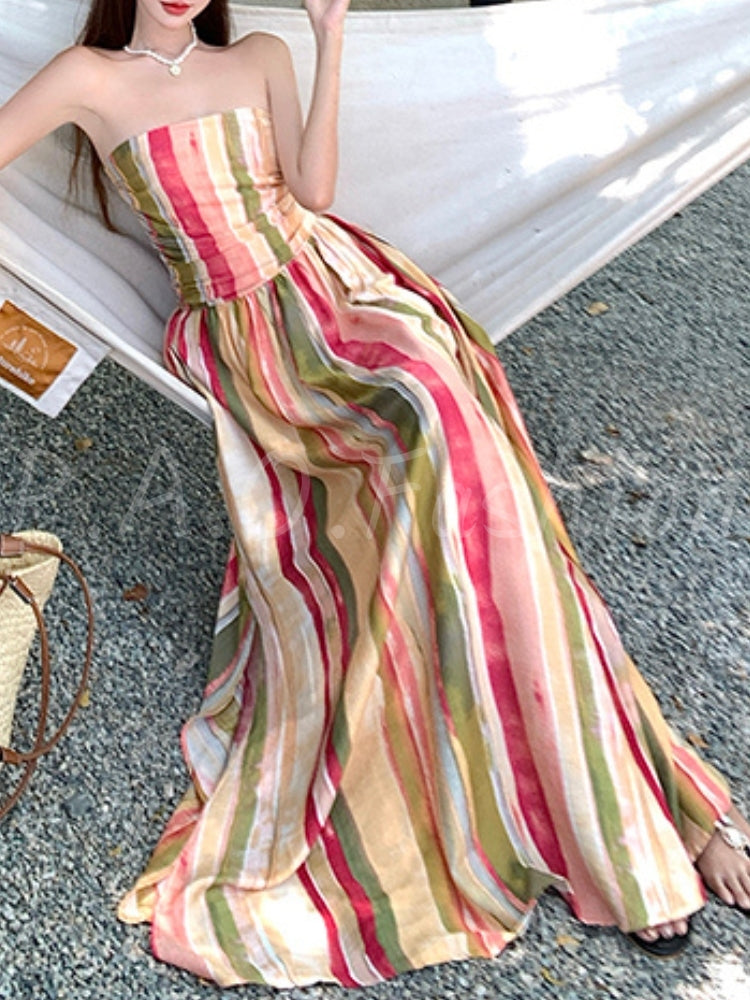 Tie-Dye Stripe Bandeau Flowy Maxi Dress