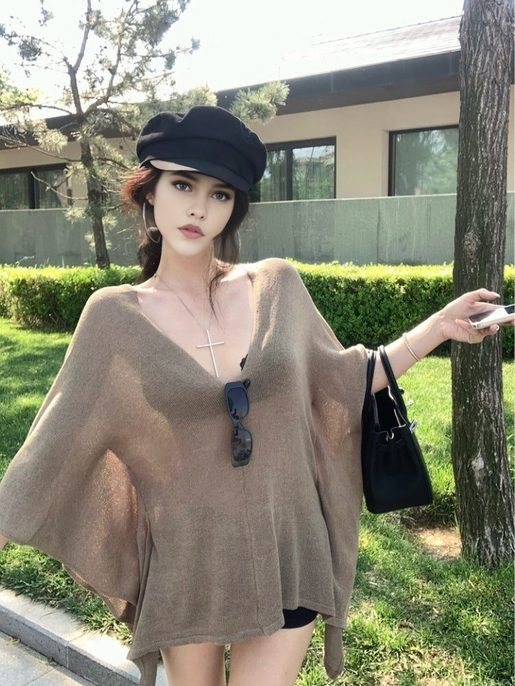 V-Neck Batwing Sleeve Cape Cover-Up