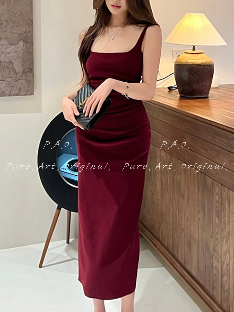 Square Neck Ruched Bodycon Midi Dress