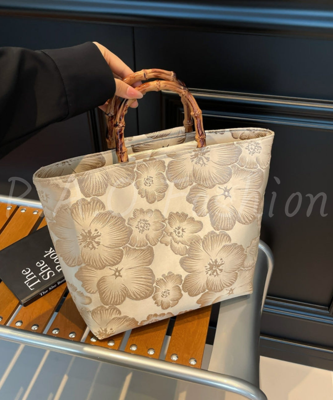 Floral Jacquard Bamboo Handle Tote Bag