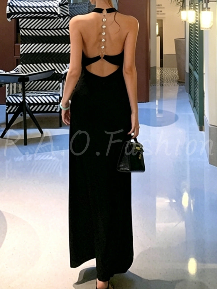 Rhinestone Chain Backless Halter Mermaid Maxi Dress