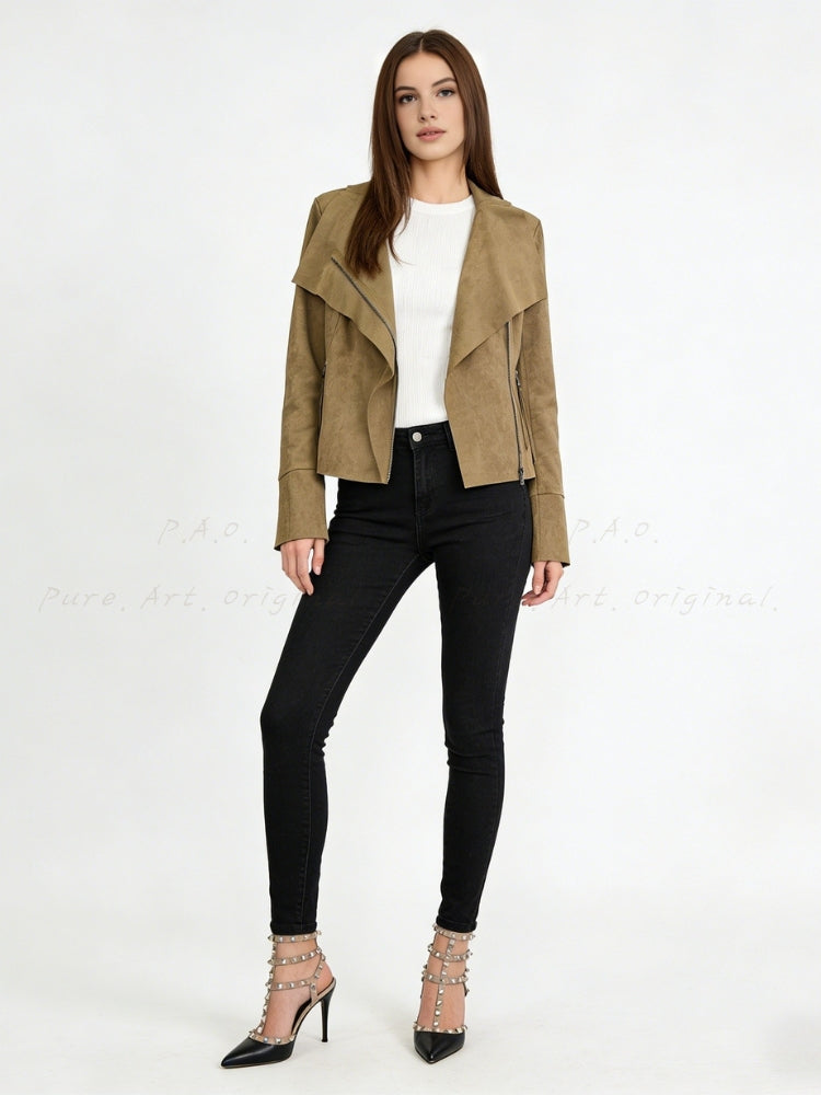 Oversized Collar Suede-Finish Slim Waist Short Coat