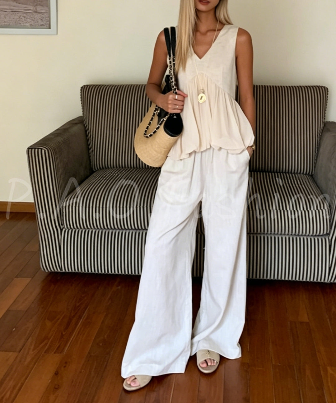 Cotton-Linen Blend V-Neck Sleeveless Top & Wide-Leg Pants Set[Available Now]