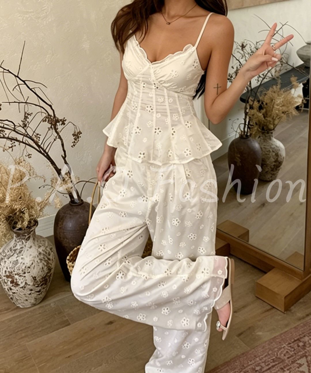 Embroidered Eyelet Wide-Leg Set