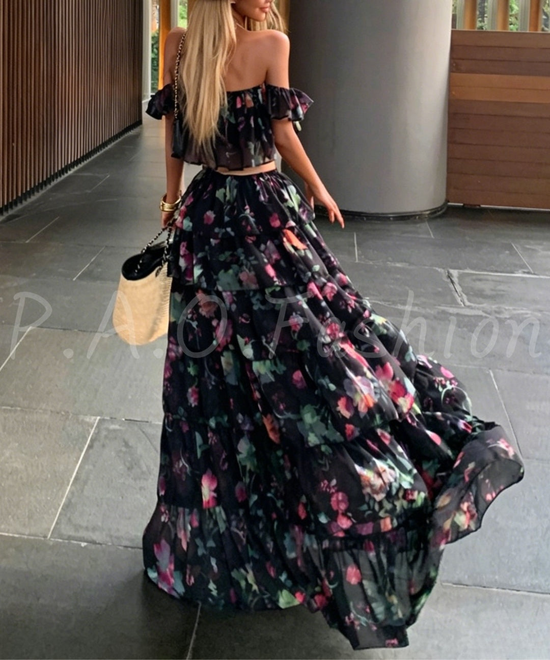 Floral Off-Shoulder Crop Top & Tiered Maxi Skirt Set