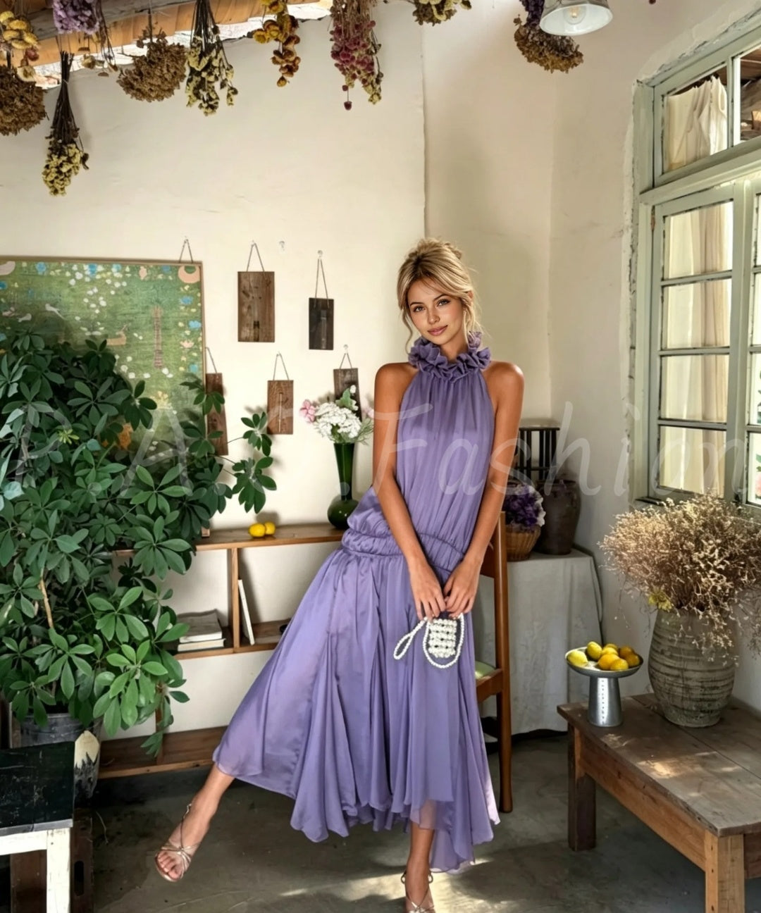 Ruffle Halter Chiffon Maxi Dress