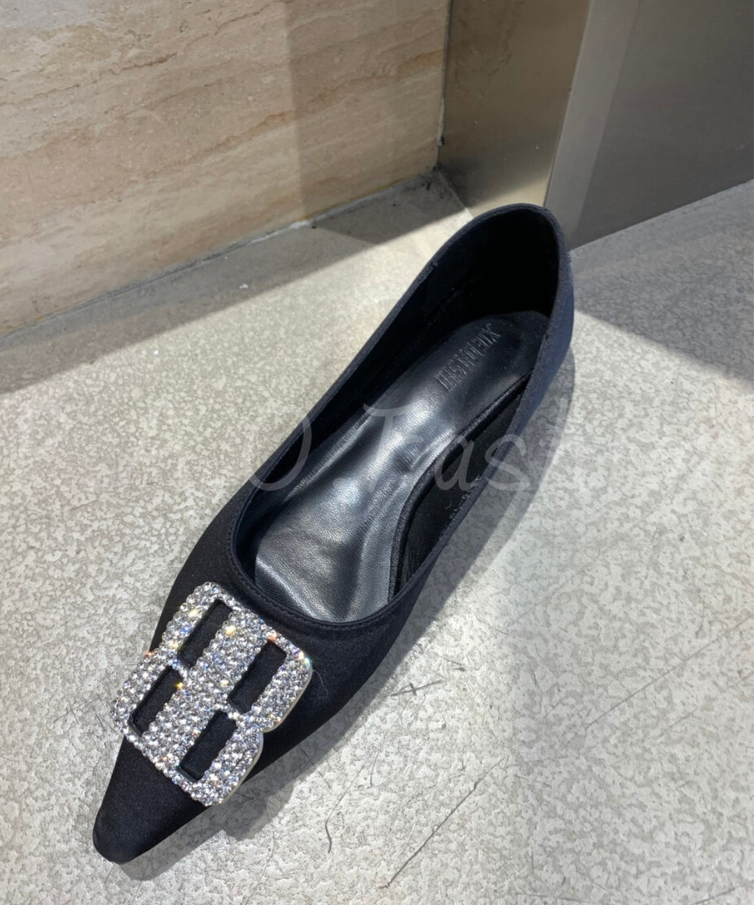 Pointed-Toe Satin Flats with Rhinestone Buckle