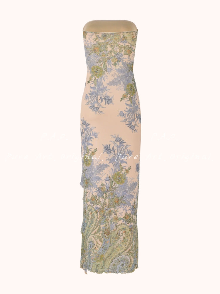 Vintage Floral Strapless Slit Maxi Dress