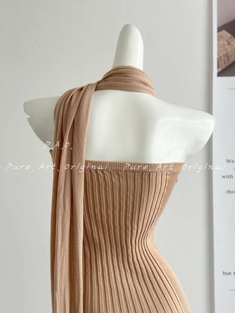 Asymmetrical Halter Tie Ribbed Bodycon Mini Dress