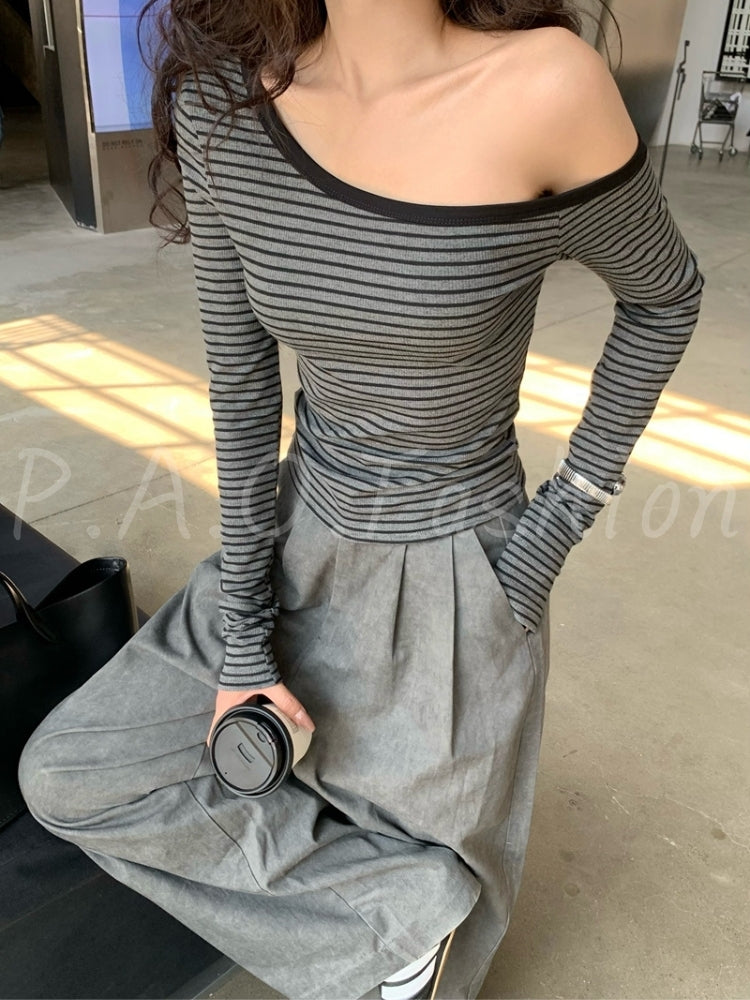 Off-Shoulder Striped Long Sleeve Top